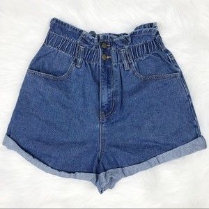 Mom Jean Shorts Paper Bag Waist Ruffle Ultra High Rise Denim Forever 21 Cuffed
